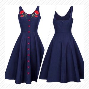 Pinup🌹 Retro Red Roses on Navy Blue Dress, Medium